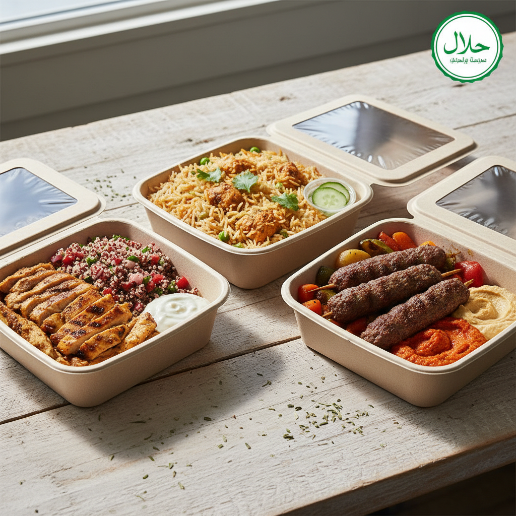 Eat Like Takeaway. Train Like an Athlete. might protein street food inspired and traditional food inspired, plastic free organic square meal prep boxes, don't make it too ai looking make it real and halal icon in top right
