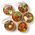 Square crop image of 6 halal high-protein meals, plastic-free containers, street-food inspired comfort meals, bold appetising look, ecommerce product photography 1:1 square ratio