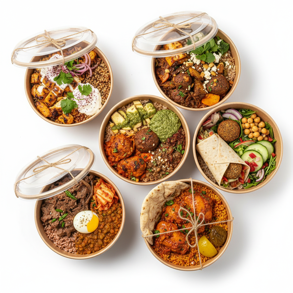 Square crop image of 6 halal high-protein meals, plastic-free containers, street-food inspired comfort meals, bold appetising look, ecommerce product photography 1:1 square ratio